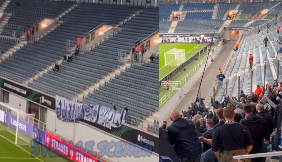 Ultras från Djurgården hoppar in på hemmasektionen och stjäl två banderoller
